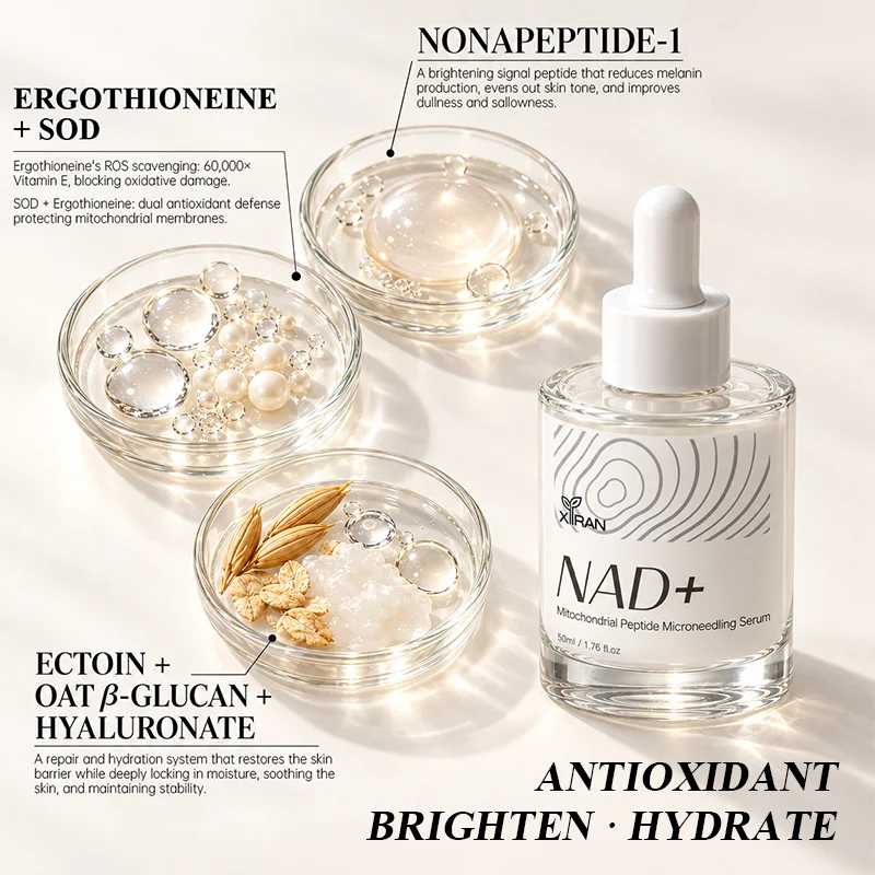 NAD+ mitochondrial peptide microneedling serum bottle next to bowls showcasing key ingredients like ergothioneine, SOD, nonapeptide-1, ectoin, oat β-glucan, and hyaluronate.